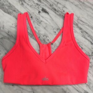 ALO Yoga Ribbed V-Neck Sports Bra in Neon Coral Pink